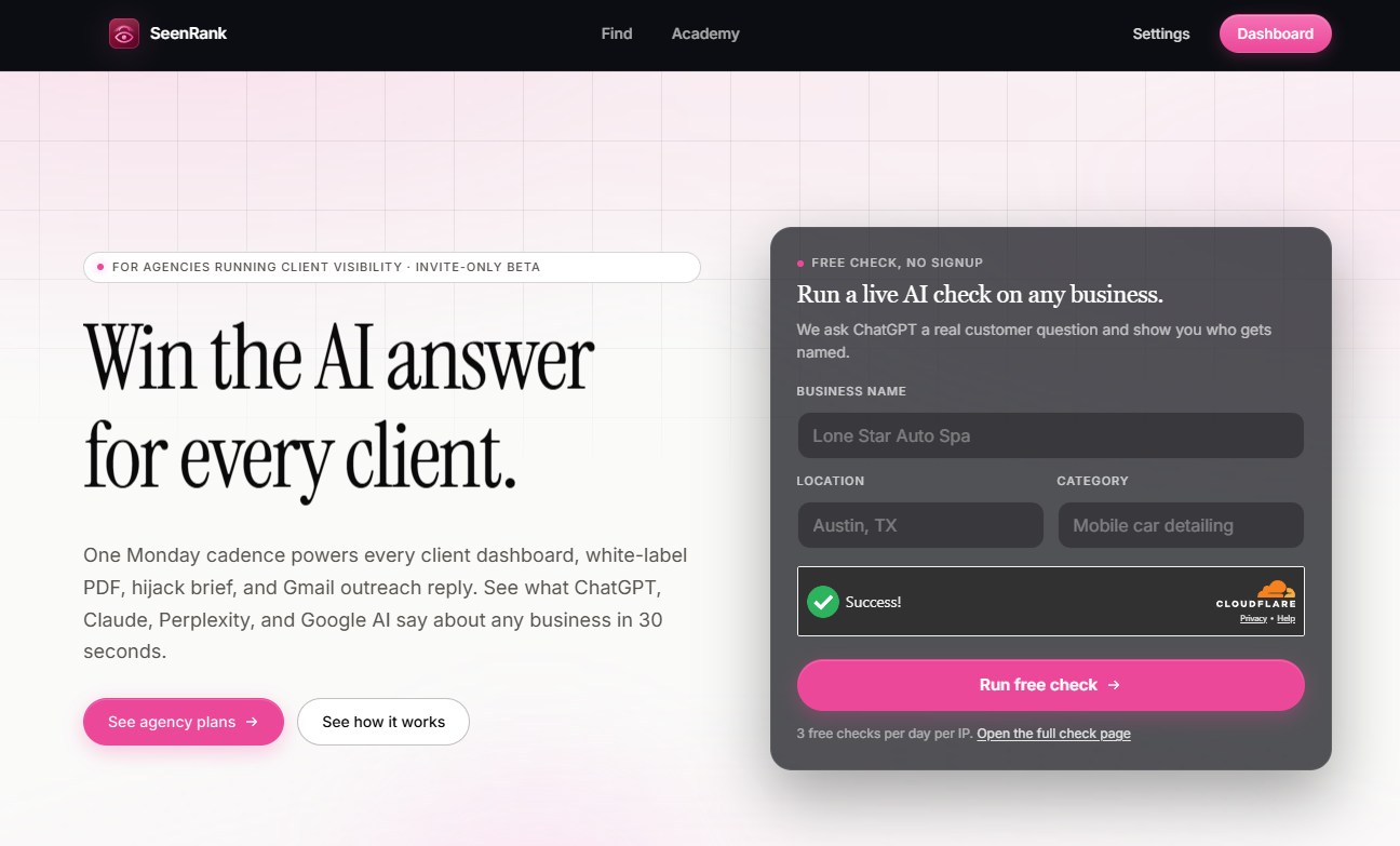 SeenRank home page | free AI check form alongside the headline 'Win the AI answer for every client.'